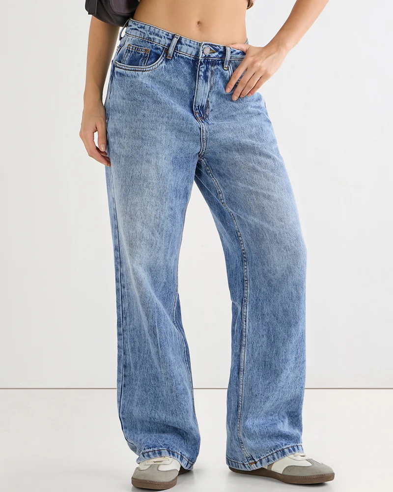 بيواكوف Women's Blue Washed Baggy Wide Leg Jeans